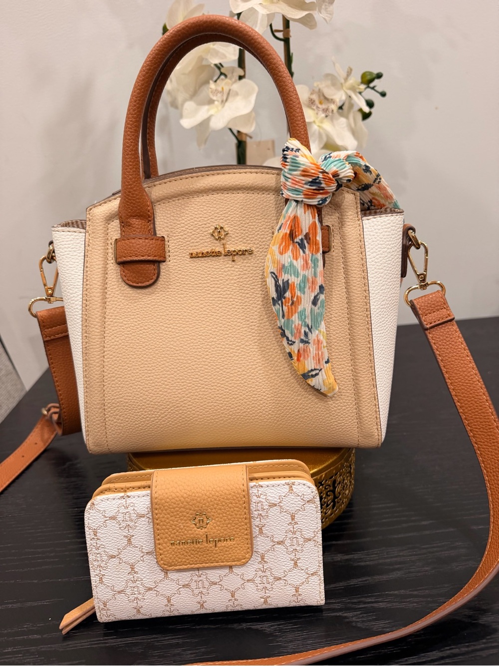 Nanette Lepore Tan, White & Brown Crossbody Satchel with Scarf Accent and wallet